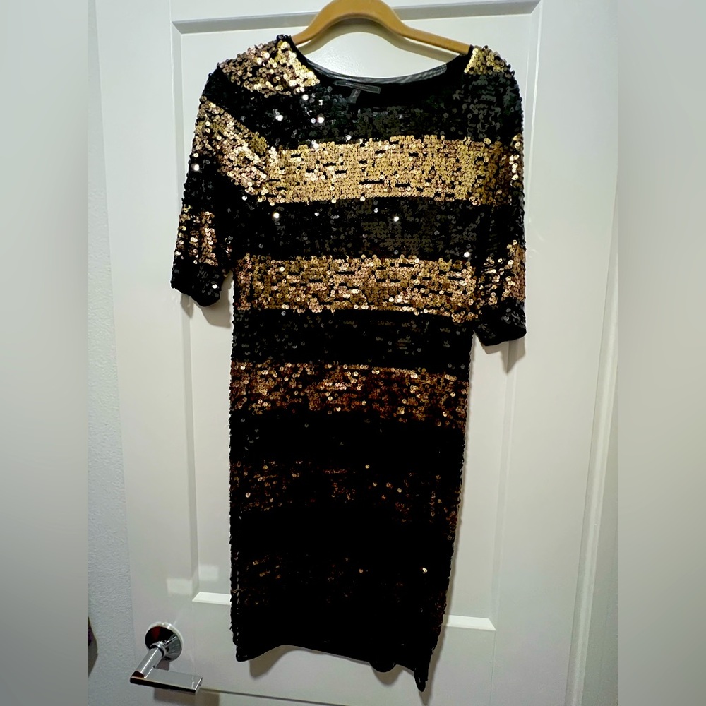 BCBGMaxAzria Black and Gold Sequin Midi Dress